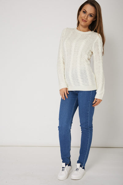 White Patchwork Cable Knit Jumper