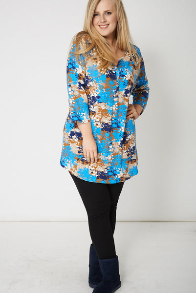 Blue Button Up Flower Print Top