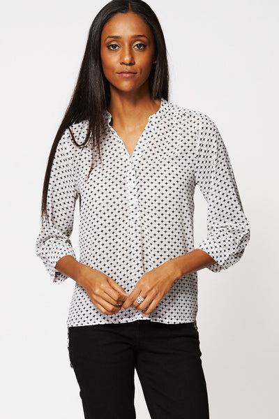 Geometric Print Dip Hem Sheer Blouse