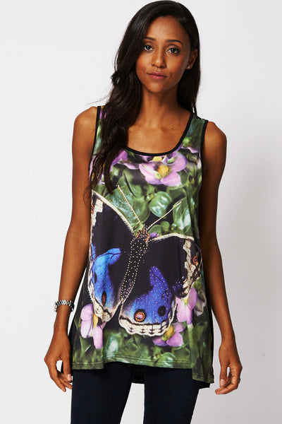 Butterfly Print Diamante Sleeveless Top