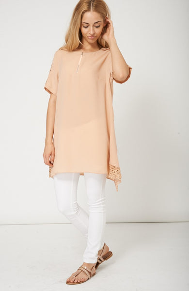 Trendy Beige Long Top With Cut Out Fabric Design