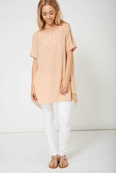 Trendy Beige Long Top With Cut Out Fabric Design