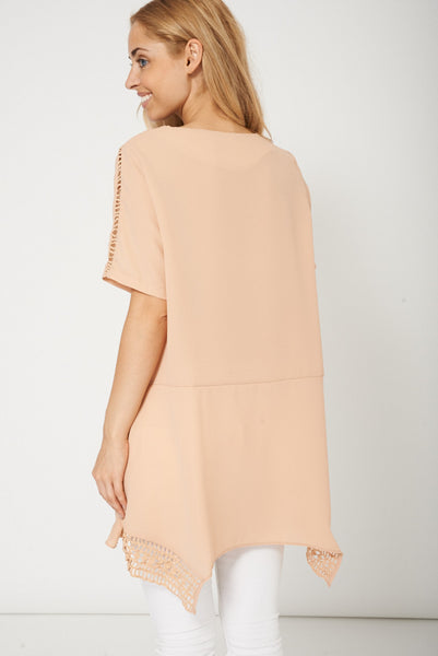 Trendy Beige Long Top With Cut Out Fabric Design