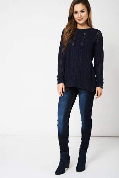 Navy Knitted Mesh Jumper Ex-Branded Available In Plus Sizes