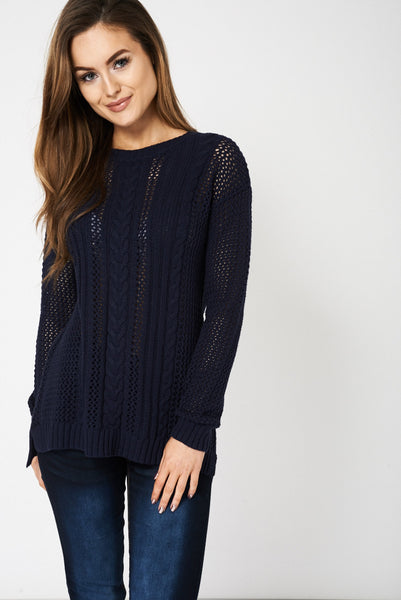 Navy Knitted Mesh Jumper Ex-Branded Available In Plus Sizes