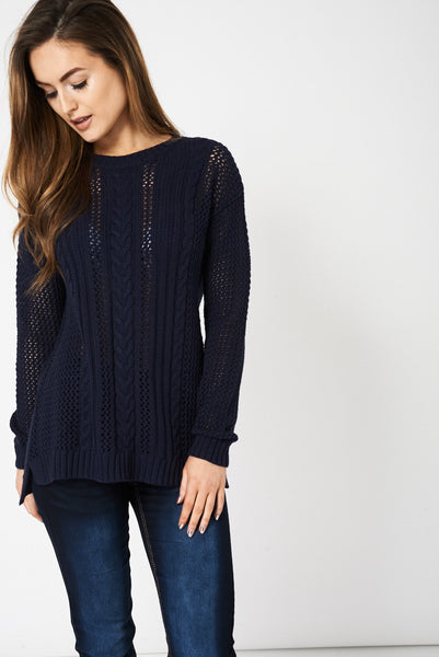 Navy Knitted Mesh Jumper Ex-Branded Available In Plus Sizes