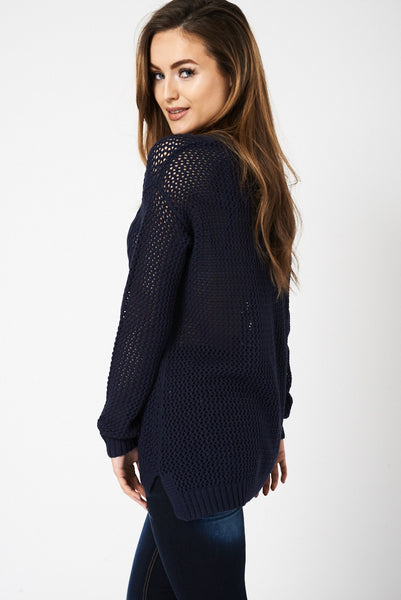 Navy Knitted Mesh Jumper Ex-Branded Available In Plus Sizes