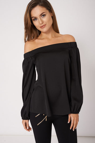 Black Open Sleeves Bardot Neck Top Ex-Branded Available In Plus Sizes