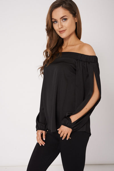 Black Open Sleeves Bardot Neck Top Ex-Branded Available In Plus Sizes