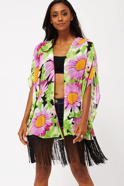 Flower Print Kimono With Tassels