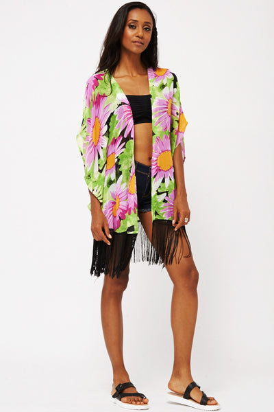 Flower Print Kimono With Tassels