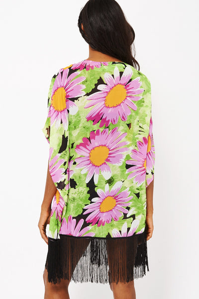 Flower Print Kimono With Tassels