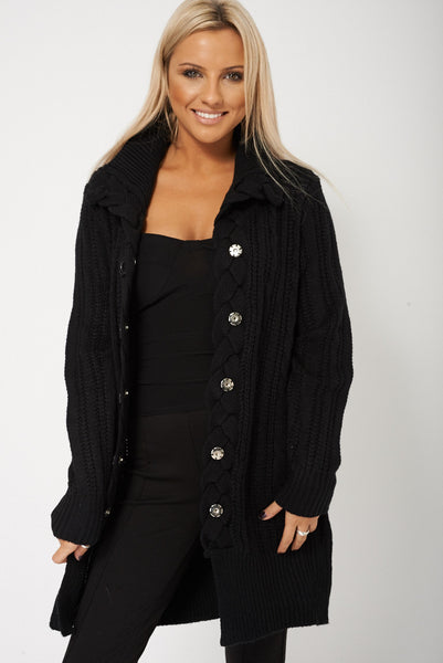 Long Collar Cardigan In Black Available In Plus Sizes