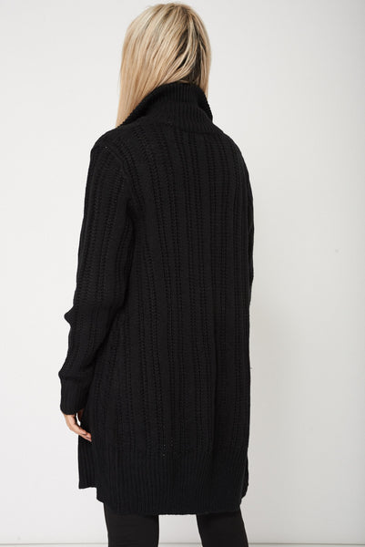 Long Collar Cardigan In Black Available In Plus Sizes