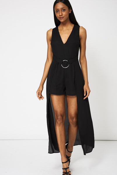 Black V-Neck Romper Playsuit With Maxi Overlay