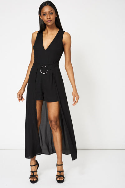 Black V-Neck Romper Playsuit With Maxi Overlay