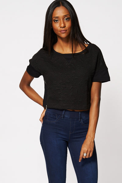 Geometric Embossed Zipper Crop Top