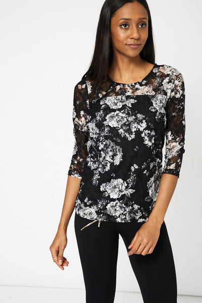 Lace Detail Top With Floral Print