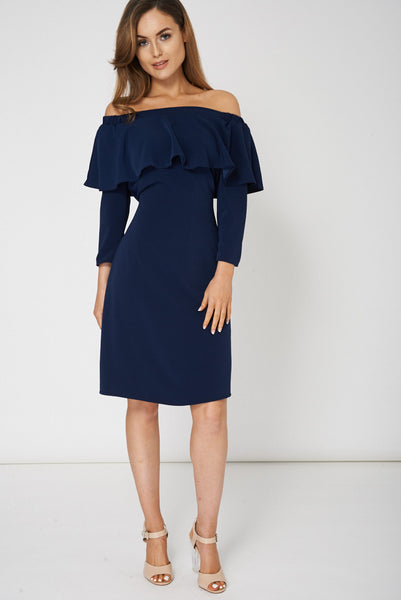 Navy Frill Overlay Off Shoulder Dress