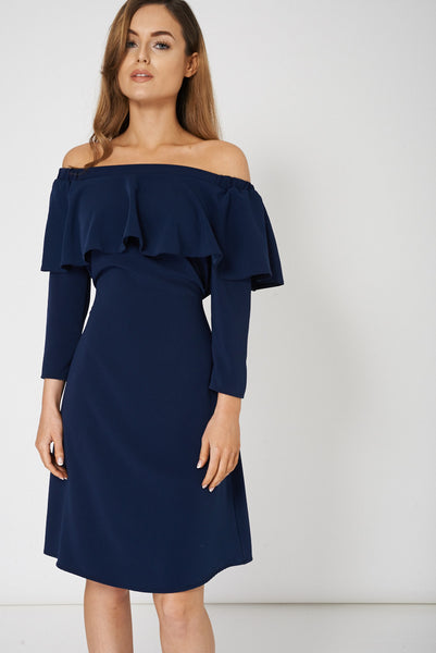 Navy Frill Overlay Off Shoulder Dress