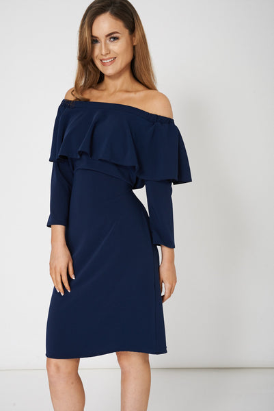 Navy Frill Overlay Off Shoulder Dress