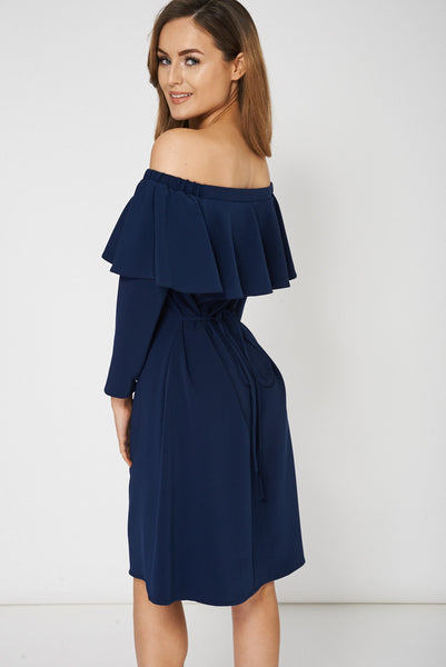 Navy Frill Overlay Off Shoulder Dress