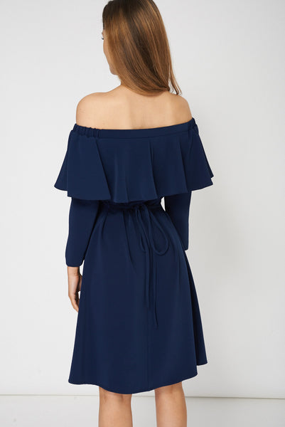 Navy Frill Overlay Off Shoulder Dress