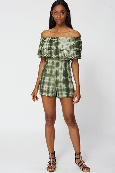 Green Off The Shoulder Tie Dye Playsuit