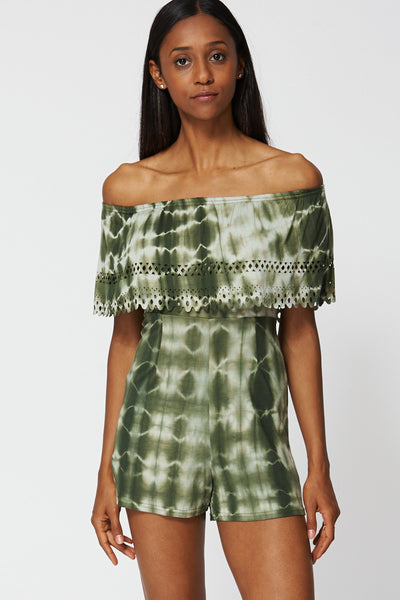 Green Off The Shoulder Tie Dye Playsuit