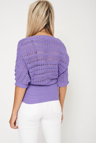 Casual Short Sleeved Purple Knitted Sweater