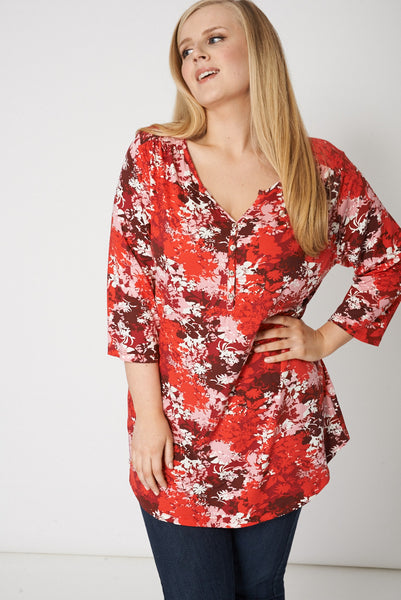 Red Button Up Flower Print Top