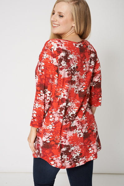 Red Button Up Flower Print Top