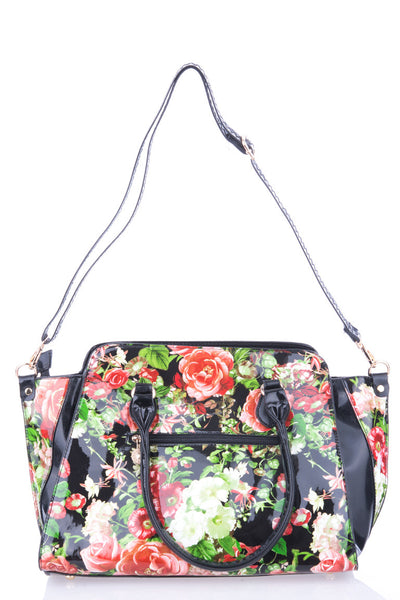 Shiny Faux Leather Handbag With Rose Pattern