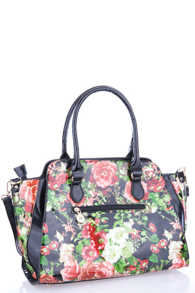 Shiny Faux Leather Handbag With Rose Pattern