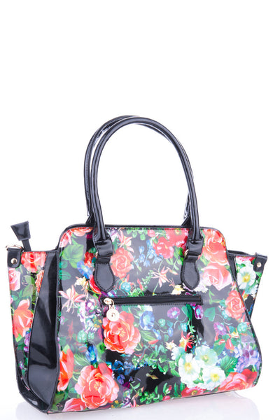 Shiny Faux Leather Handbag With Rose Pattern