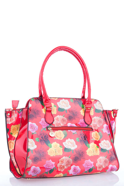 Shiny Faux Leather Handbag With Rose Pattern