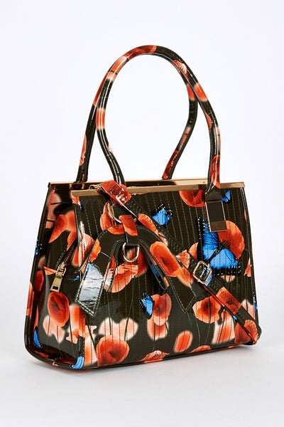 Patent Butterflies And Poppies Print Handbag
