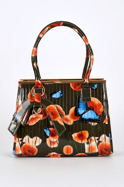 Patent Butterflies And Poppies Print Handbag
