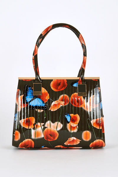Patent Butterflies And Poppies Print Handbag