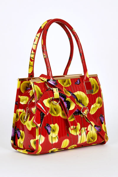Patent Butterfly And Poppy Print Handbag Red