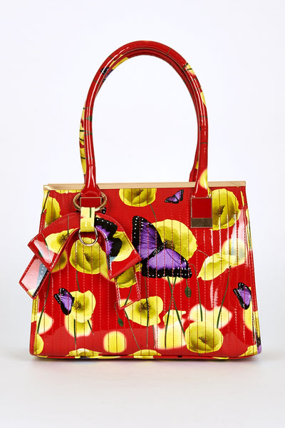 Patent Butterfly And Poppy Print Handbag Red