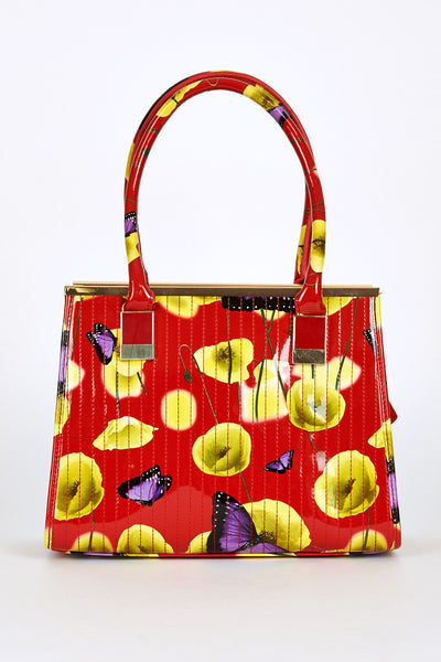 Patent Butterfly And Poppy Print Handbag Red