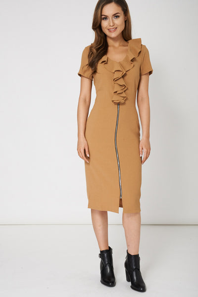 Camel Frilled Neck Dress Available in Plus Sizes