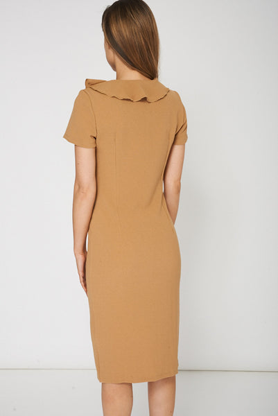 Camel Frilled Neck Dress Available in Plus Sizes