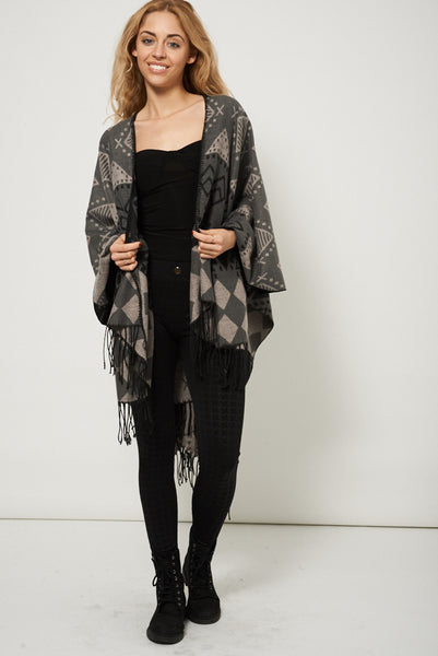 Geometric Print Open Front Fringe Poncho