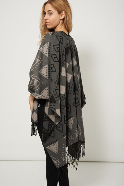 Geometric Print Open Front Fringe Poncho