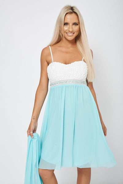 Blue Diamante Pleated Party Dress