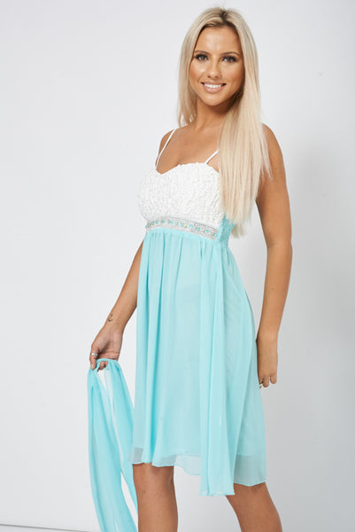 Blue Diamante Pleated Party Dress