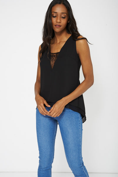 V Plunge Neck Lace Detail Top