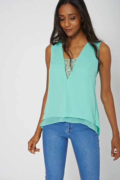 V Plunge Neck Lace Detail Top